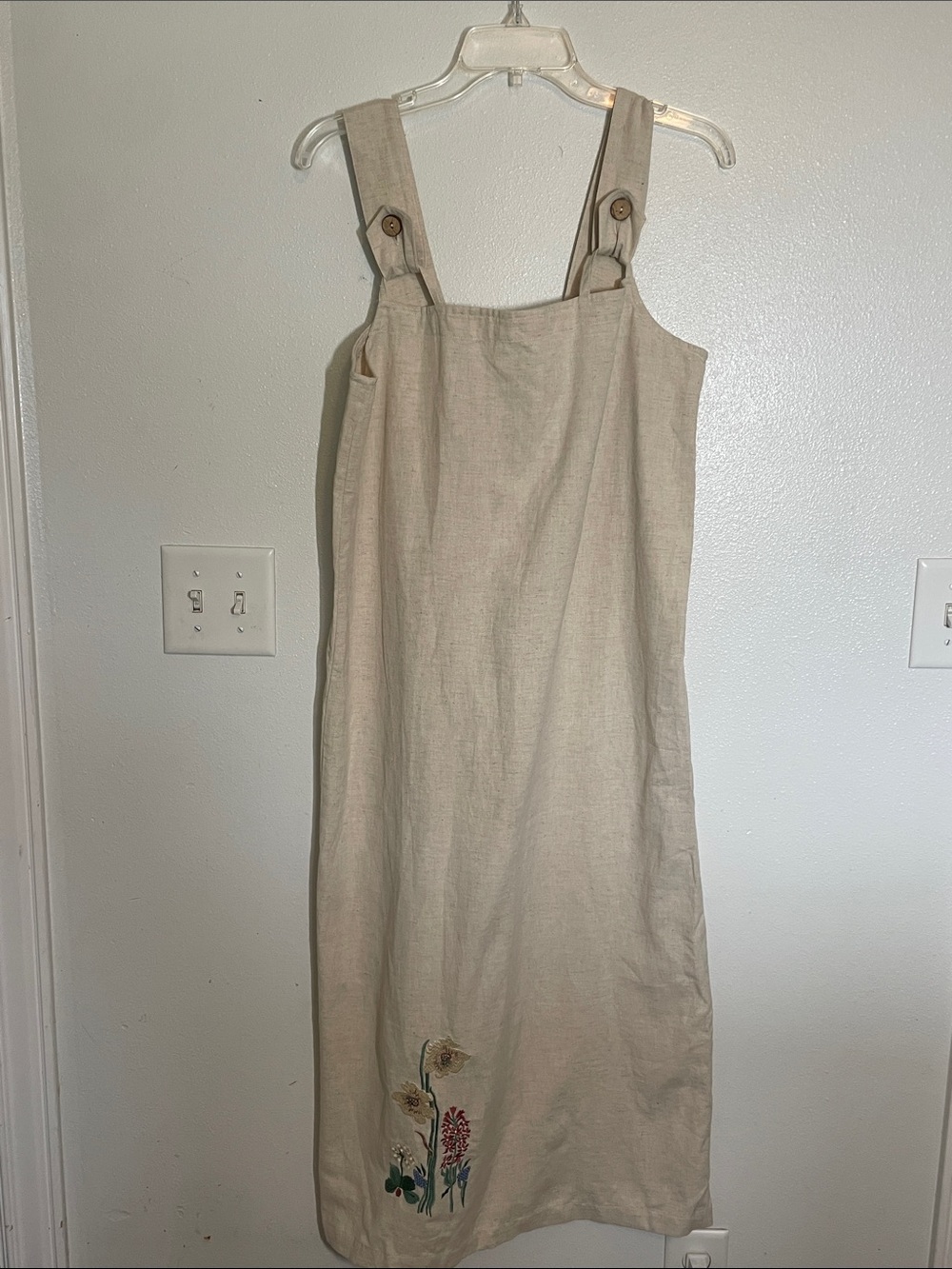 Embroidered Beige Midi Linen Dress with Adjustable Straps